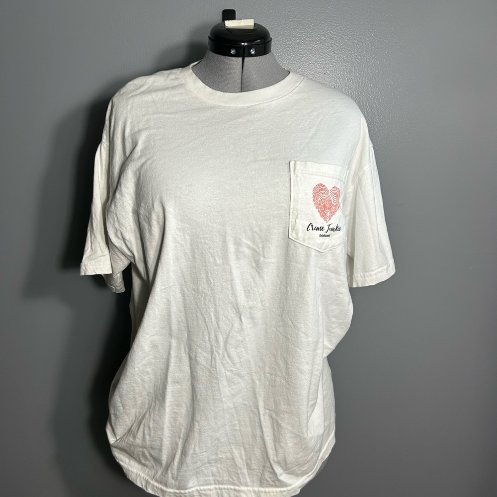 Crime Junkie podcast White T-Shirt with Heart fingerprint Design